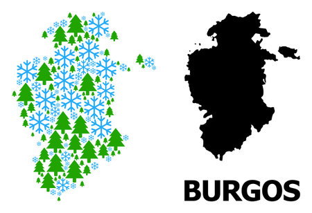 Vector mosaic map of Burgos Province combined for New Year, Christmas, and winter. Mosaic map of Burgos Province is shaped of snow flakes and fir trees.のイラスト素材