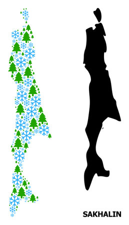 Vector mosaic map of Sakhalin Island constructed for New Year, Christmas, and winter. Mosaic map of Sakhalin Island is constructed from snow and fir trees.のイラスト素材