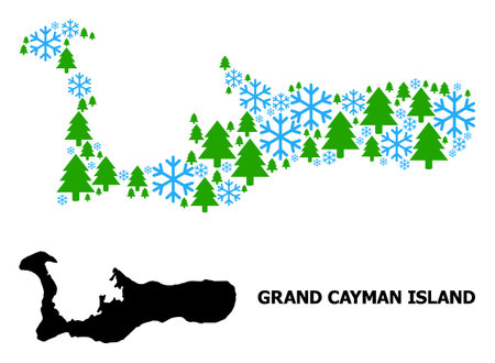 Vector mosaic map of Grand Cayman Island done for New Year, Christmas, and winter. Mosaic map of Grand Cayman Island is shaped with snow flakes and fir trees.のイラスト素材