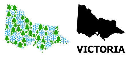 Vector mosaic map of Australian Victoria created for New Year, Christmas, and winter. Mosaic map of Australian Victoria is constructed from snowflakes and fir-trees.のイラスト素材