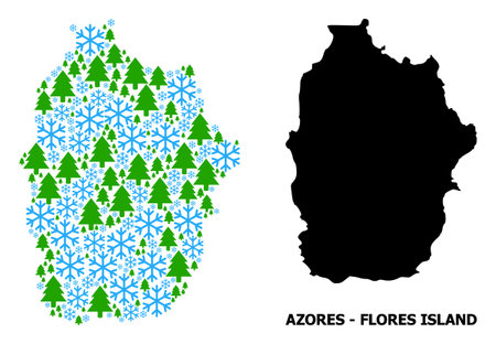 Vector collage map of Azores - Flores Island done for New Year, Christmas, and winter. Mosaic map of Azores - Flores Island is done of snow and fir forest.のイラスト素材