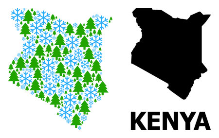 Vector mosaic map of Kenya constructed for New Year, Christmas, and winter. Mosaic map of Kenya is constructed with snowflakes and fir trees.のイラスト素材