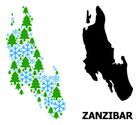 Vector mosaic map of Zanzibar Island done for New Year, Christmas, and winter. Mosaic map of Zanzibar Island is done from snowflakes and fir trees.のイラスト素材