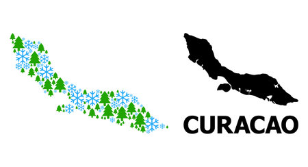 Vector mosaic map of Curacao Island created for New Year, Christmas, and winter. Mosaic map of Curacao Island is formed from snow and fir forest.のイラスト素材