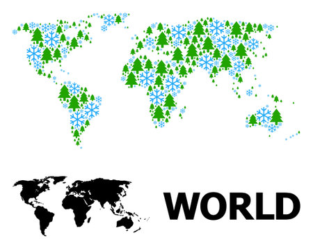 Vector mosaic map of world designed for New Year, Christmas, and winter. Mosaic map of world is designed from snow flakes and fir trees.のイラスト素材
