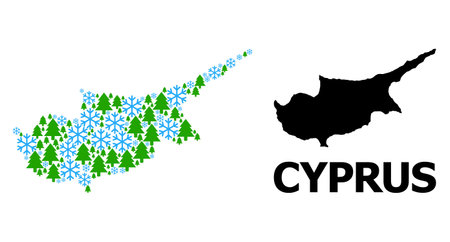 Vector mosaic map of Cyprus Island created for New Year, Christmas, and winter. Mosaic map of Cyprus Island is done from snow and fir forest.のイラスト素材
