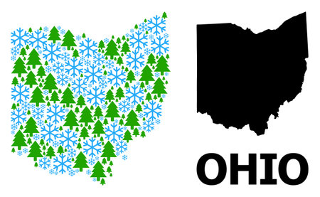 Vector mosaic map of Ohio State done for New Year, Christmas, and winter. Mosaic map of Ohio State is done of snow flakes and fir-trees.のイラスト素材