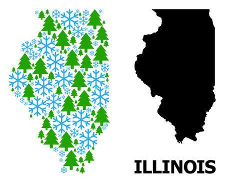 Vector mosaic map of Illinois State constructed for New Year, Christmas, and winter. Mosaic map of Illinois State is organized of snow flakes and fir-trees.のイラスト素材