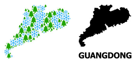 Vector mosaic map of Guangdong Province organized for New Year, Christmas, and winter. Mosaic map of Guangdong Province is made of snowflakes and fir trees.のイラスト素材