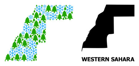 Vector composition map of Western Sahara organized for New Year, Christmas, and winter. Mosaic map of Western Sahara is organized with snowflakes and fir trees.のイラスト素材