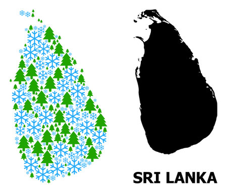 Vector mosaic map of Sri Lanka created for New Year, Christmas, and winter. Mosaic map of Sri Lanka is created with snow and fir trees.のイラスト素材