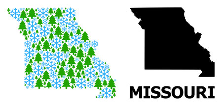 Vector mosaic map of Missouri State created for New Year, Christmas, and winter. Mosaic map of Missouri State is constructed of snow and fir forest.のイラスト素材
