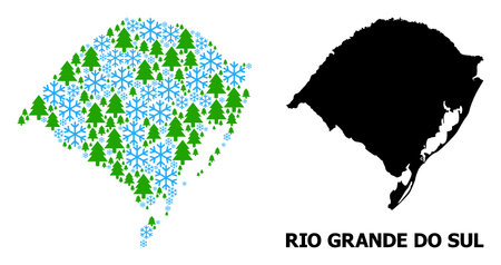 Vector collage map of Rio Grande do Sul State organized for New Year, Christmas, and winter. Mosaic map of Rio Grande do Sul State is organized with snow and fir forest.のイラスト素材