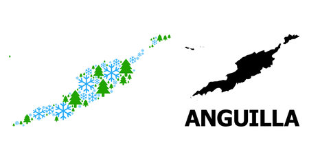 Vector mosaic map of Anguilla Islands done for New Year, Christmas, and winter. Mosaic map of Anguilla Islands is organized from snow flakes and fir forest.のイラスト素材