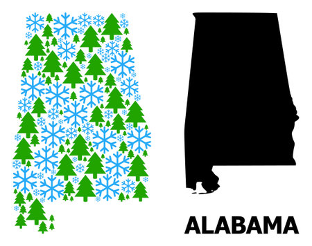 Vector mosaic map of Alabama State designed for New Year, Christmas, and winter. Mosaic map of Alabama State is organized of snow flakes and fir forest.のイラスト素材