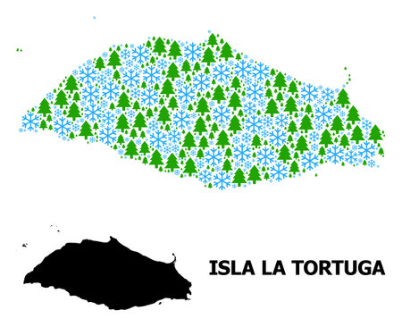 Vector mosaic map of Isla La Tortuga created for New Year, Christmas, and winter. Mosaic map of Isla La Tortuga is designed with snow flakes and fir-trees.のイラスト素材