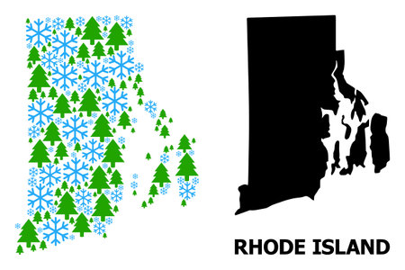 Vector mosaic map of Rhode Island State organized for New Year, Christmas, and winter. Mosaic map of Rhode Island State is done from snowflakes and fir forest.のイラスト素材