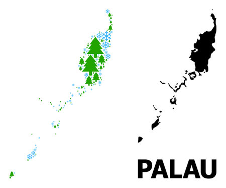 Vector mosaic map of Palau Islands done for New Year, Christmas, and winter. Mosaic map of Palau Islands is done from snow and fir forest.のイラスト素材