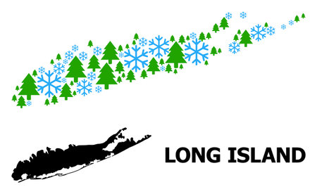 Vector mosaic map of Long Island organized for New Year, Christmas, and winter. Mosaic map of Long Island is designed with snowflakes and fir-trees.のイラスト素材