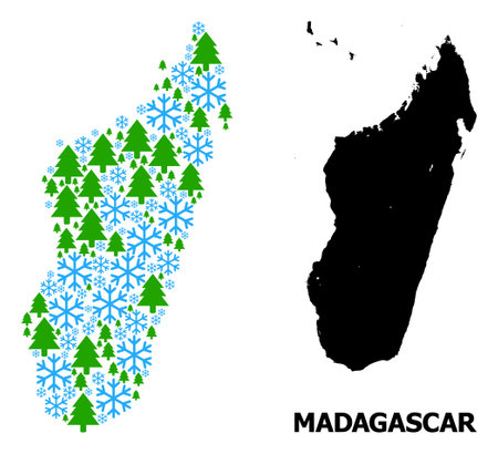 Vector composition map of Madagascar Island created for New Year, Christmas, and winter. Mosaic map of Madagascar Island is created with snowflakes and fir forest.のイラスト素材