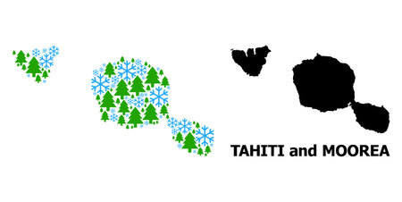 Vector collage map of Tahiti and Moorea islands created for New Year, Christmas, and winter. Mosaic map of Tahiti and Moorea islands is created of snow flakes and fir forest.のイラスト素材
