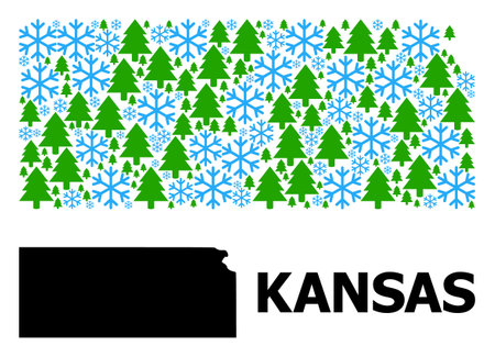 Vector mosaic map of Kansas State combined for New Year, Christmas, and winter. Mosaic map of Kansas State is composed with snowflakes and fir trees.のイラスト素材