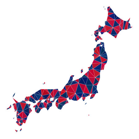 Vector triangle mosaic map of Japan in American flag colors, blue and red. Geographic scheme in blue and red color tones. Abstract mosaic of map of Japan composed of triangle spots.のイラスト素材