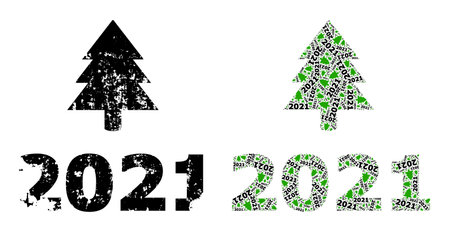 Vector 2021 fir tree fractal is created of randomized fractal 2021 fir tree icons. Scratched 2021 fir tree icon. Fractal mosaic of 2021 fir tree.のイラスト素材