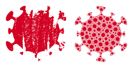 Vector covid virus fractal is formed of scattered fractal covid virus parts. Distress covid virus icon. Fractal mosaic from covid virus.のイラスト素材