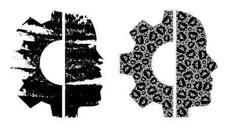 Vector cyborg head fractal is created of randomized fractal cyborg head parts. Textured cyborg head icon. Recursive collage for cyborg head.のイラスト素材