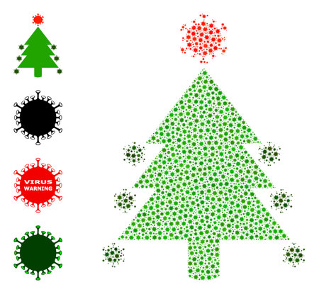 Vector coronavirus fir-tree icon covid mosaic. Coronavirus fir-tree mosaic is organized from small covid pathogen parts. Collage is done for health care posters.のイラスト素材