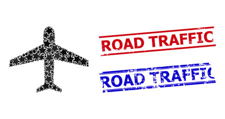Airplane star mosaic and grunge Road Traffic stamps. Red and blue stamps with grunge texture and Road Traffic tag. Abstract airplane mosaic is organized with scattered flat star icons.のイラスト素材