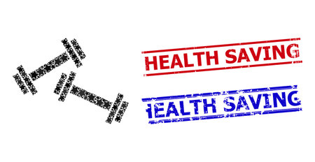Barbells star pattern and grunge Health Saving seal stamps. Red and blue stamps with grunge style and Health Saving phrase. Abstract barbells concept is constructed with scattered flat star items.のイラスト素材
