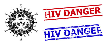Biohazard virus star mosaic and grunge HIV Danger seal stamps. Red and blue seals with grunge texture and HIV Danger text. Abstract biohazard virus mosaic is done with randomized flat star parts.のイラスト素材