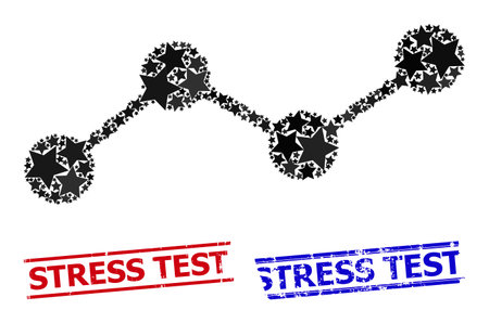 Chart star mosaic and grunge Stress Test seals. Red and blue seals with rubber surface and Stress Test tag. Abstract chart collage is done with scattered flat star elements.のイラスト素材