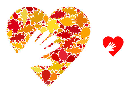 Hand Touch Heart collage icon organized for fall season. Vector hand touch heart mosaic is organized with randomized autumn maple and oak leaves. Mosaic autumn leaves in bright gold,のイラスト素材