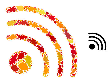 Wi-Fi Signal mosaic icon constructed for fall season. Vector wi-fi signal mosaic is constructed from scattered autumn maple and oak leaves. Mosaic autumn leaves in bright gold, brown and red colors.のイラスト素材