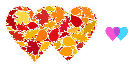 Lovely Hearts mosaic icon constructed for fall season. Vector lovely hearts mosaic is formed of scattered fall maple and oak leaves. Mosaic autumn leaves in bright gold, brown and red colors.のイラスト素材