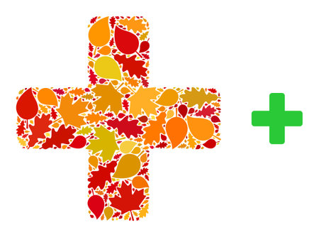 Green Cross collage icon organized for fall season. Vector green cross mosaic is organized from random autumn maple and oak leaves. Mosaic autumn leaves in bright gold, brown and red colors.のイラスト素材