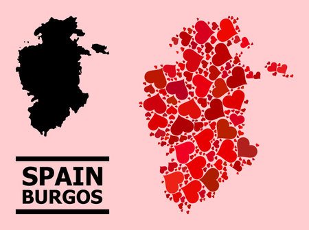 Love mosaic and solid map of Burgos Province on a pink background. Mosaic map of Burgos Province designed with red hearts. Vector flat illustration for love concept illustrations.のイラスト素材