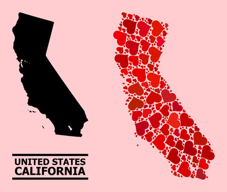 Love pattern and solid map of California on a pink background. Mosaic map of California is composed with red lovely hearts. Vector flat illustration for love abstract illustrations.のイラスト素材