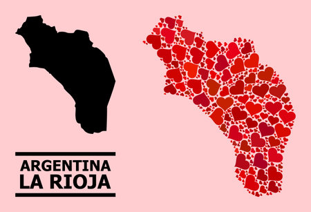 Love mosaic and solid map of Argentina - La Rioja on a pink background. Mosaic map of Argentina - La Rioja formed with red lovely hearts. Vector flat illustration for dating concept illustrations.のイラスト素材