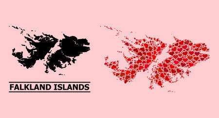 Love mosaic and solid map of Falkland Islands on a pink background. Mosaic map of Falkland Islands designed with red love hearts. Vector flat illustration for dating abstract illustrations.のイラスト素材