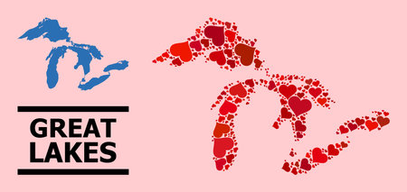 Love pattern and solid map of Great Lakes on a pink background. Collage map of Great Lakes is formed from red love hearts. Vector flat illustration for marriage conceptual illustrations.のイラスト素材