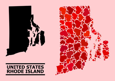 Love mosaic and solid map of Rhode Island State on a pink background. Mosaic map of Rhode Island State is formed with red lovely hearts. Vector flat illustration for dating concept illustrations.のイラスト素材