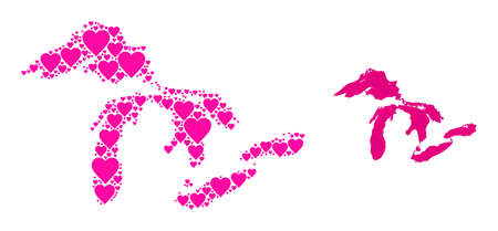 Love pattern and solid map of Great Lakes. Collage map of Great Lakes created with pink hearts. Vector flat illustration for dating conceptual illustrations.のイラスト素材