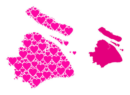 Love collage and solid map of Shanghai Municipality. Collage map of Shanghai Municipality is formed with pink valentine hearts. Vector flat illustration for love concept illustrations.のイラスト素材