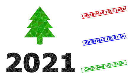 Triangle 2021 fir tree polygonal icon illustration, and scratched simple Christmas Tree Farm rubber seals. 2021 Fir Tree icon is filled with triangles. Simple seals uses lines, rects in red, blue,のイラスト素材
