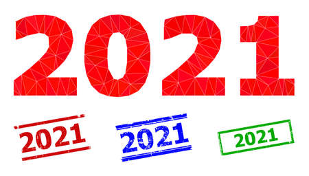 Triangle 2021 year digits polygonal icon illustration, and grunge simple 2021 stamp imitations. 2021...