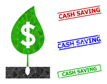 Triangle dollar sprout polygonal icon illustration, and rubber simple Cash Saving seals. Dollar Sprout icon is filled with triangles. Simple stamp seals uses lines, rects in red, blue, green colors.のイラスト素材